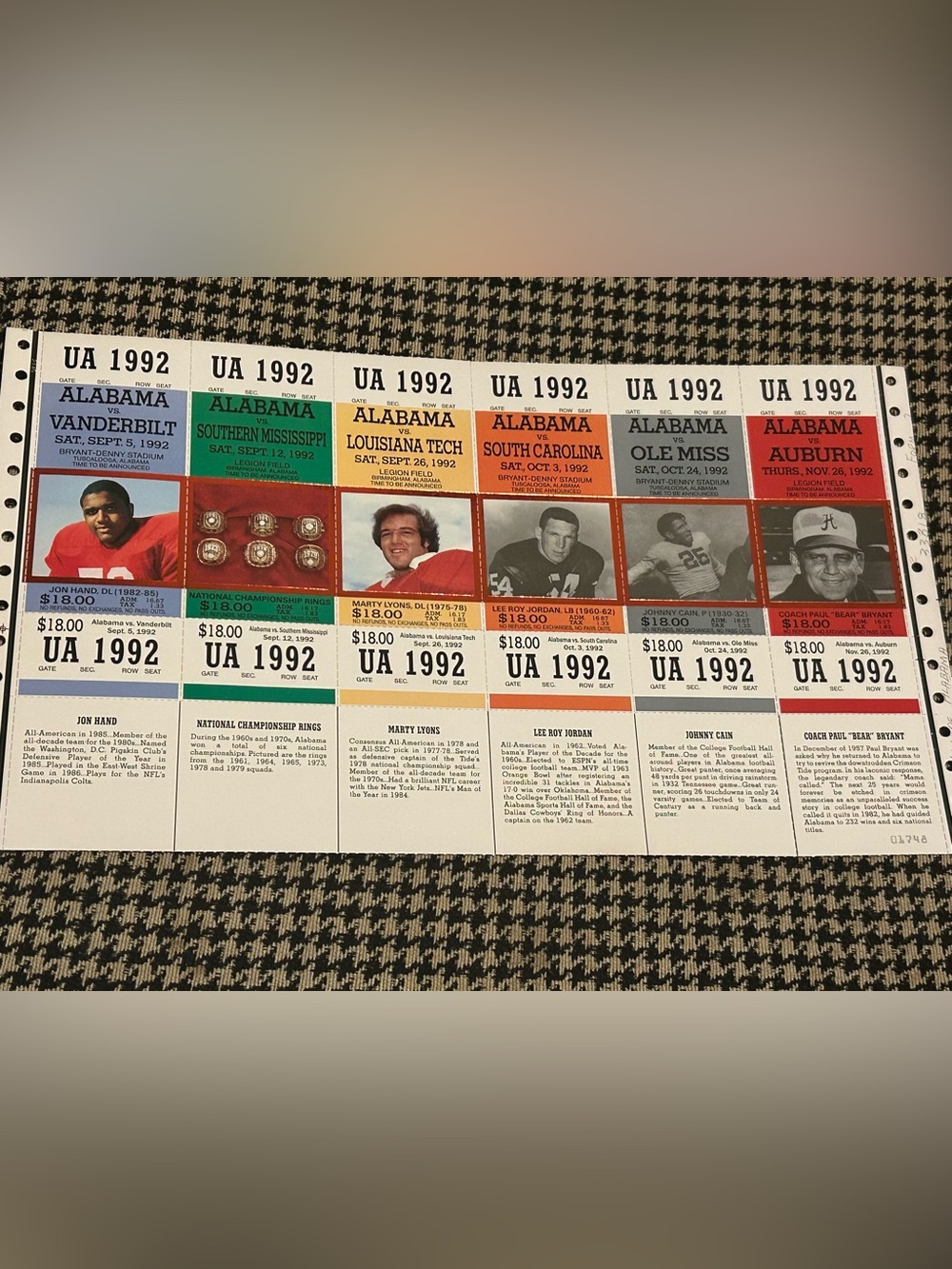 Vintage 1992 Crimson Tide Tickets